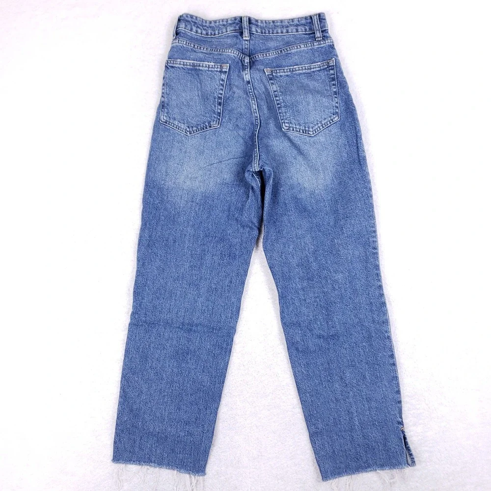 H&M‎ Divided Womens High Waist Straight Leg Blue Jeans Button Fly Raw Hem Size 4